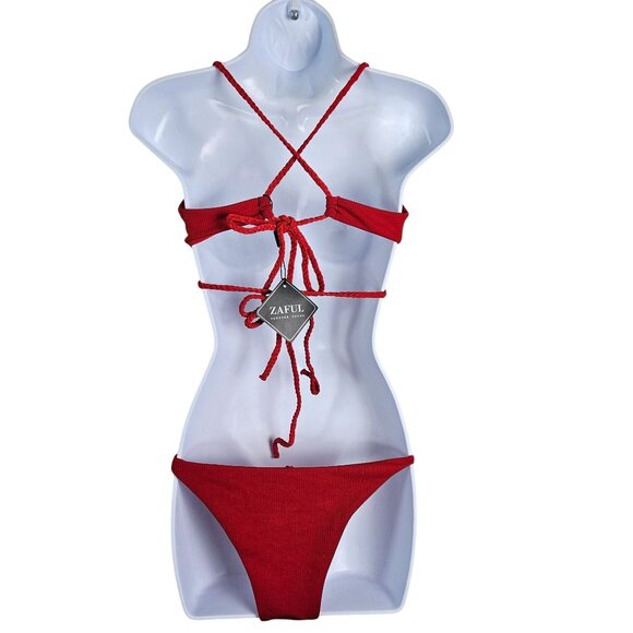 Zaful Womens Red Ribbed Cutout Bikini Set Size Small Tie Back Sexy Beach Pool - Picture 2 of 5